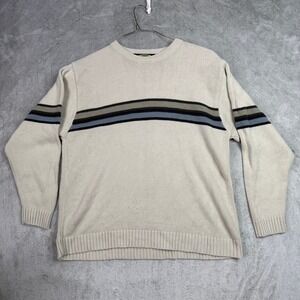 White Out Mens Large Crewneck Sweater Beige Stripe Long Sleeve Acrylic Knit